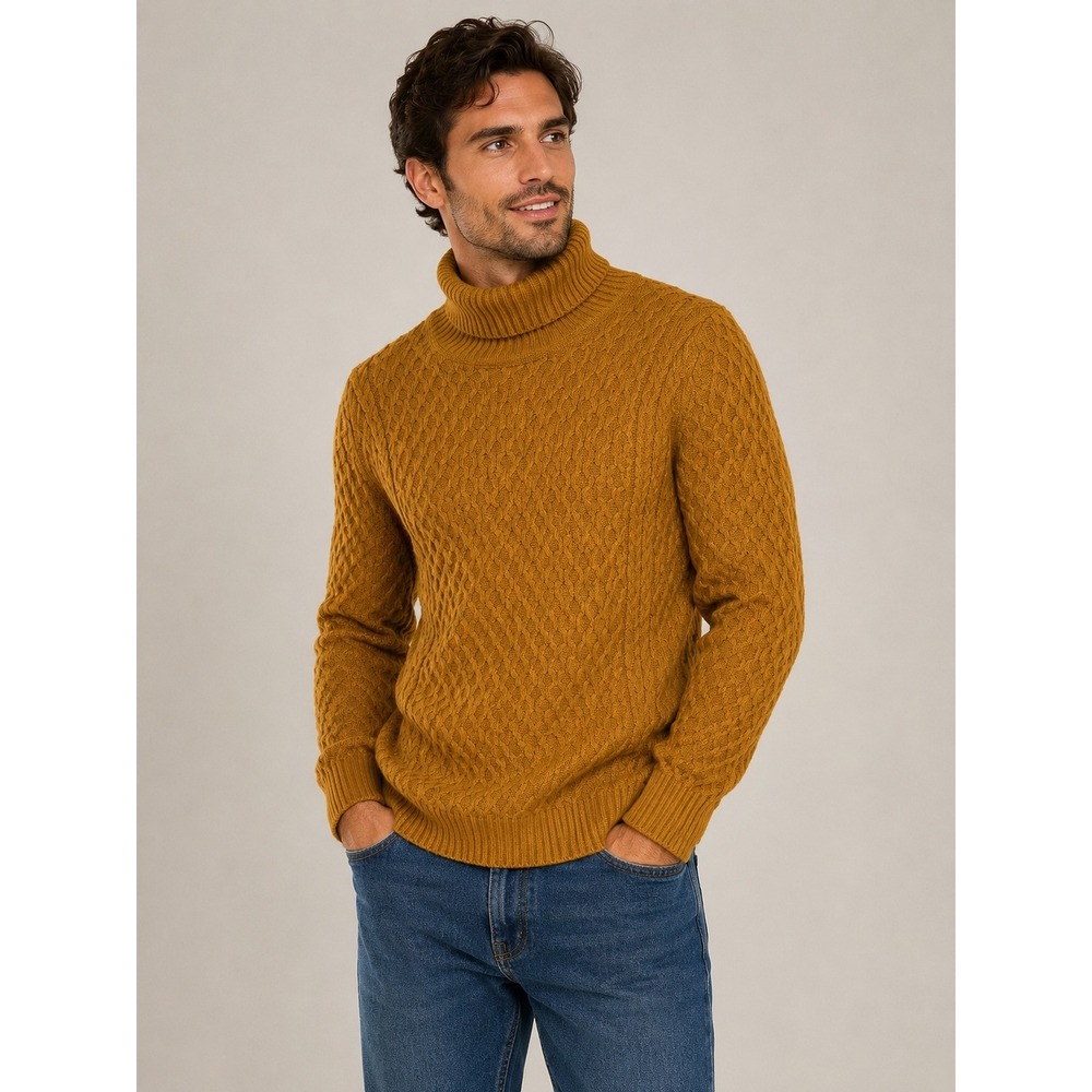 Coofandy Mens Honeycomb Cable Knit Turtleneck Sweater Mustard Yellow Medium
